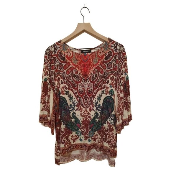 Karen Kane Peacock & Paisley 3/4 Flare Sleeve Tunic Top Sz L - Picture 1 of 5